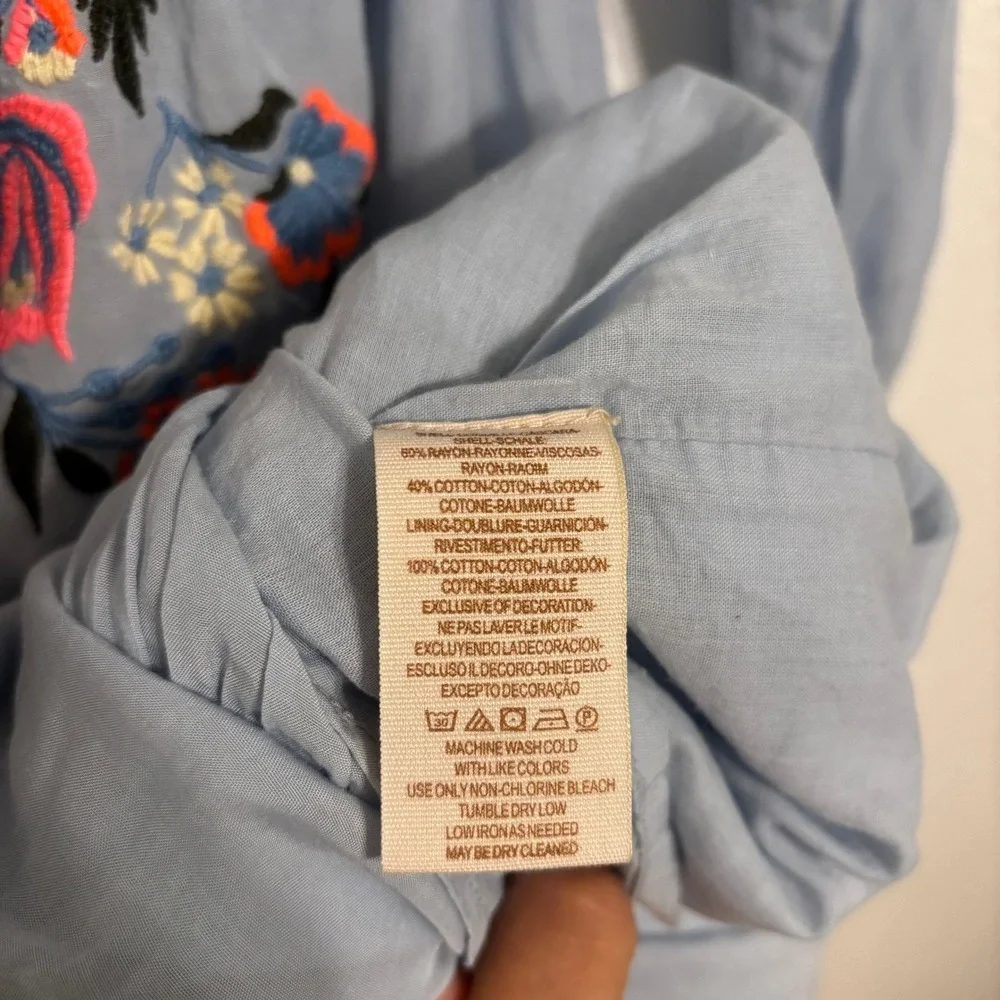 Free People Mini Dress XS Baby Blue Embroidered Off Shoulder Tiered Boho Coastal - Picture 7 of 7